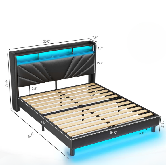 Black full size platform bed with linen upholstery, LED-lit wingback headboard, built-in USB and USB-C charging ports, and three storage shelves for modern functionality.

