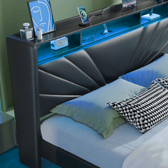 Black full size platform bed with linen upholstery, LED-lit wingback headboard, built-in USB and USB-C charging ports, and three storage shelves for modern functionality.

