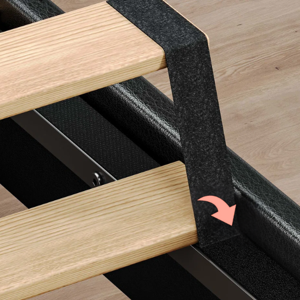 Black full size platform bed with linen upholstery, LED-lit wingback headboard, built-in USB and USB-C charging ports, and three storage shelves for modern functionality.

