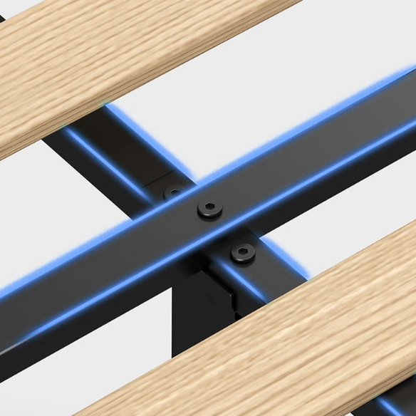 Black full size platform bed with linen upholstery, LED-lit wingback headboard, built-in USB and USB-C charging ports, and three storage shelves for modern functionality.

