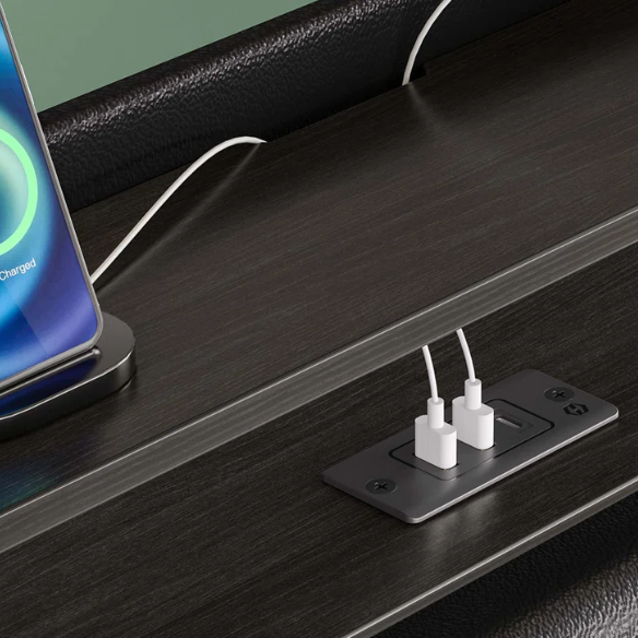 Black full size platform bed with linen upholstery, LED-lit wingback headboard, built-in USB and USB-C charging ports, and three storage shelves for modern functionality.

