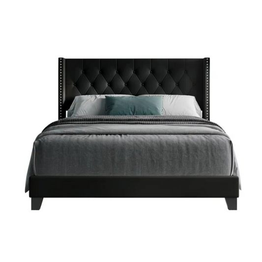 Black full size upholstered platform bed with wingback tufted headboard, silver nailhead trim, and PU faux leather finish on a wood frame.


