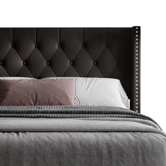 Black full size upholstered platform bed with wingback tufted headboard, silver nailhead trim, and PU faux leather finish on a wood frame.


