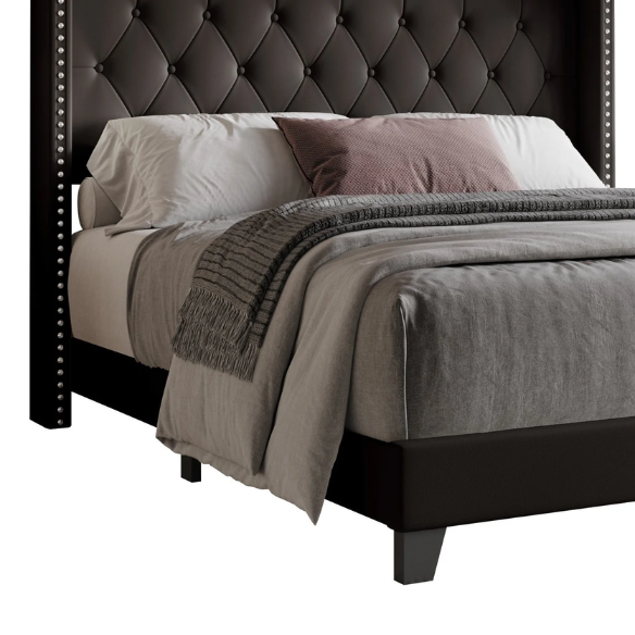 Black full size upholstered platform bed with wingback tufted headboard, silver nailhead trim, and PU faux leather finish on a wood frame.

