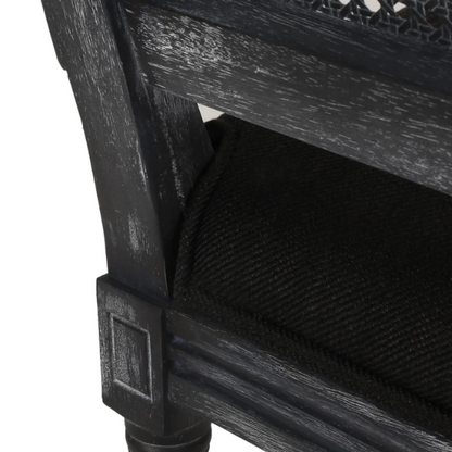 Set of 6 black and grey French country dining chairs with cane backs and upholstered grey seats, featuring fluted legs and rustic charm.

