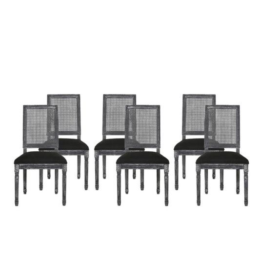 Set of 6 black and grey French country dining chairs with cane backs and upholstered grey seats, featuring fluted legs and rustic charm.

