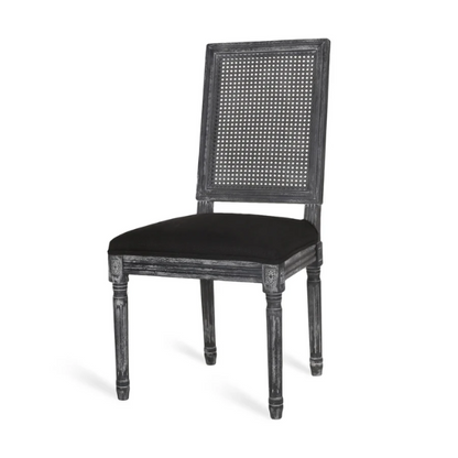 Set of 6 black and grey French country dining chairs with cane backs and upholstered grey seats, featuring fluted legs and rustic charm.

