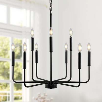 Black 9-light industrial chandelier with candle-style arms and adjustable hanging height, ideal for dining rooms, kitchens, or vaulted ceilings

