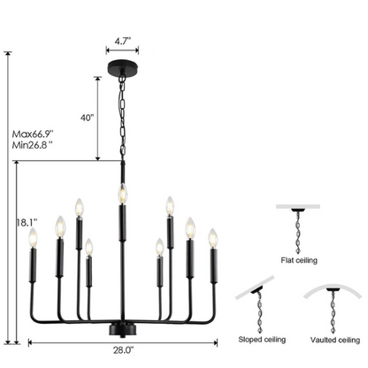 Black 9-light industrial chandelier with candle-style arms and adjustable hanging height, ideal for dining rooms, kitchens, or vaulted ceilings

