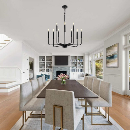 Black 9-light industrial chandelier with candle-style arms and adjustable hanging height, ideal for dining rooms, kitchens, or vaulted ceilings

