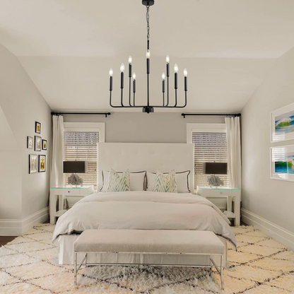 Black 9-light industrial chandelier with candle-style arms and adjustable hanging height, ideal for dining rooms, kitchens, or vaulted ceilings

