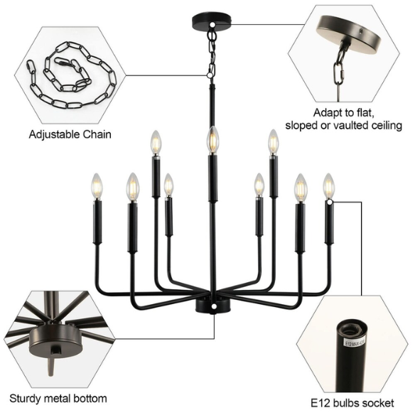 Black 9-light industrial chandelier with candle-style arms and adjustable hanging height, ideal for dining rooms, kitchens, or vaulted ceilings

