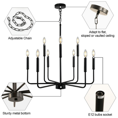 Black 9-light industrial chandelier with candle-style arms and adjustable hanging height, ideal for dining rooms, kitchens, or vaulted ceilings

