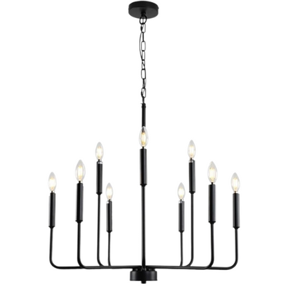 Black 9-light industrial chandelier with candle-style arms and adjustable hanging height, ideal for dining rooms, kitchens, or vaulted ceilings

