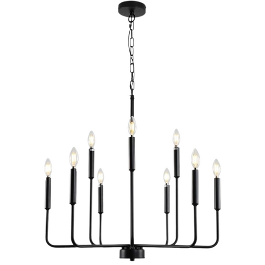 Black 9-light industrial chandelier with candle-style arms and adjustable hanging height, ideal for dining rooms, kitchens, or vaulted ceilings

