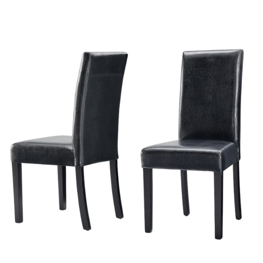 Set of 2 black PU leather Parsons dining chairs with cushioned seats and solid wood legs, designed for modern dining rooms or kitchens.

