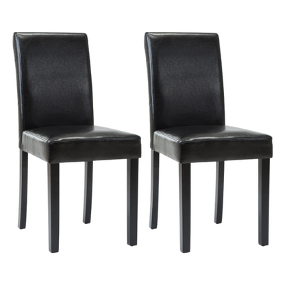 Set of 2 black PU leather Parsons dining chairs with cushioned seats and solid wood legs, designed for modern dining rooms or kitchens.

