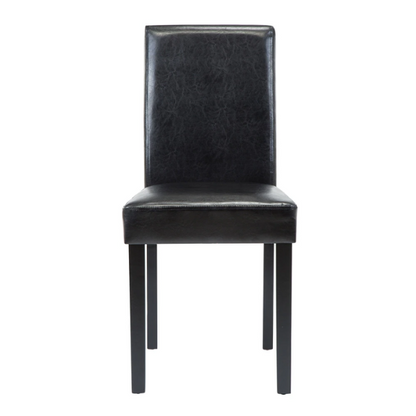 Set of 2 black PU leather Parsons dining chairs with cushioned seats and solid wood legs, designed for modern dining rooms or kitchens.

