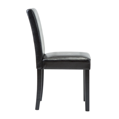 Set of 2 black PU leather Parsons dining chairs with cushioned seats and solid wood legs, designed for modern dining rooms or kitchens.

