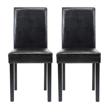 Set of 2 black PU leather Parsons dining chairs with cushioned seats and solid wood legs, designed for modern dining rooms or kitchens.

