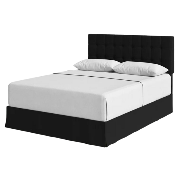 Black queen size bed with tufted wingback headboard, polyester upholstery, and nailhead trim.

