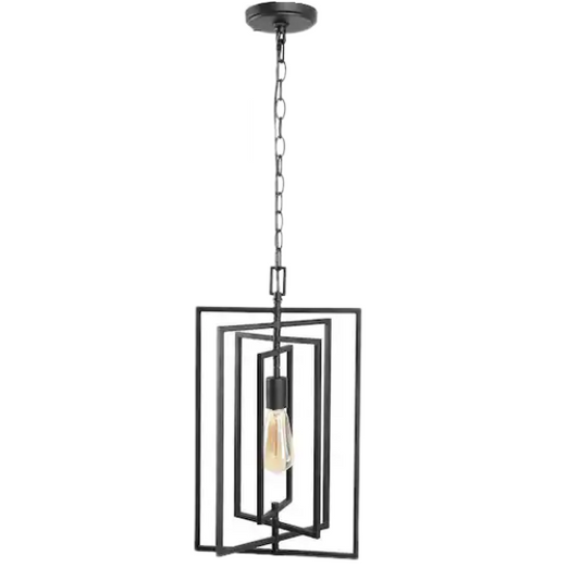 Contemporary 1-light black rectangular pendant light with adjustable hanging chain, ideal for kitchen islands or modern interiors


