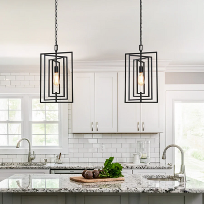 Contemporary 1-light black rectangular pendant light with adjustable hanging chain, ideal for kitchen islands or modern interiors

