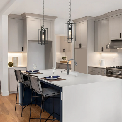 Contemporary 1-light black rectangular pendant light with adjustable hanging chain, ideal for kitchen islands or modern interiors


