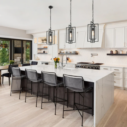 Contemporary 1-light black rectangular pendant light with adjustable hanging chain, ideal for kitchen islands or modern interiors

