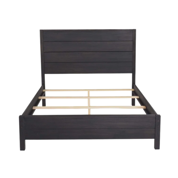 Rustic solid wood queen size bed frame in black finish with farmhouse plank headboard and distressed wood grain texture