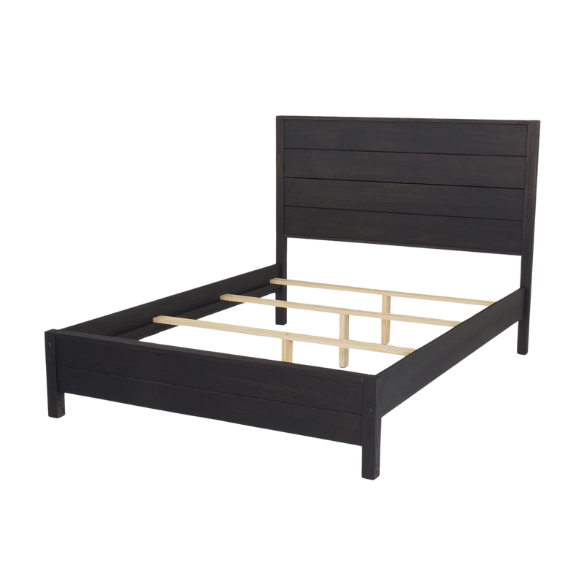 Rustic solid wood queen size bed frame in black finish with farmhouse plank headboard and distressed wood grain texture