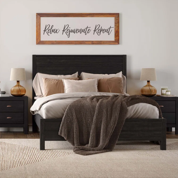 Rustic solid wood queen size bed frame in black finish with farmhouse plank headboard and distressed wood grain texture