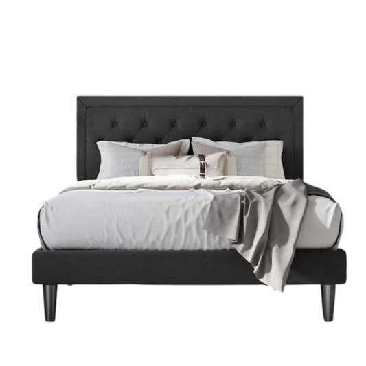Black queen-size bed with button-tufted adjustable linen headboard, slatted platform design, and 8-inch underbed storage clearance.

