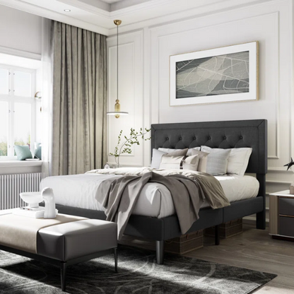 Black queen-size bed with button-tufted adjustable linen headboard, slatted platform design, and 8-inch underbed storage clearance.

