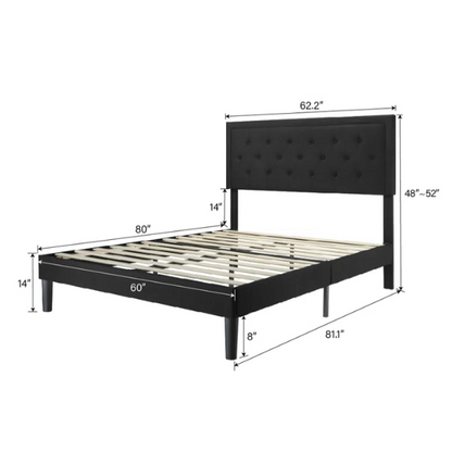 Black queen-size bed with button-tufted adjustable linen headboard, slatted platform design, and 8-inch underbed storage clearance.

