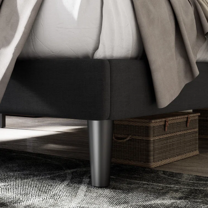 Black queen-size bed with button-tufted adjustable linen headboard, slatted platform design, and 8-inch underbed storage clearance.

