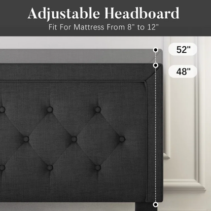 Black queen-size bed with button-tufted adjustable linen headboard, slatted platform design, and 8-inch underbed storage clearance.

