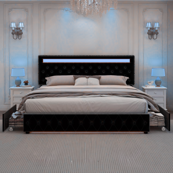 Black velvet full size platform bed with button-tufted adjustable LED headboard, silver nailhead trim, and four underbed storage drawers on casters