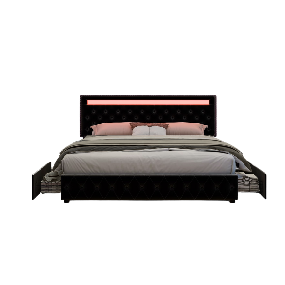 Black velvet full size platform bed with button-tufted adjustable LED headboard, silver nailhead trim, and four underbed storage drawers on casters