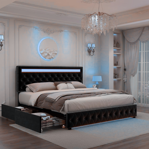 Black velvet full size platform bed with button-tufted adjustable LED headboard, silver nailhead trim, and four underbed storage drawers on casters