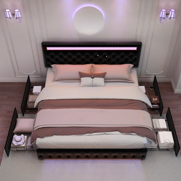 Black velvet full size platform bed with button-tufted adjustable LED headboard, silver nailhead trim, and four underbed storage drawers on casters