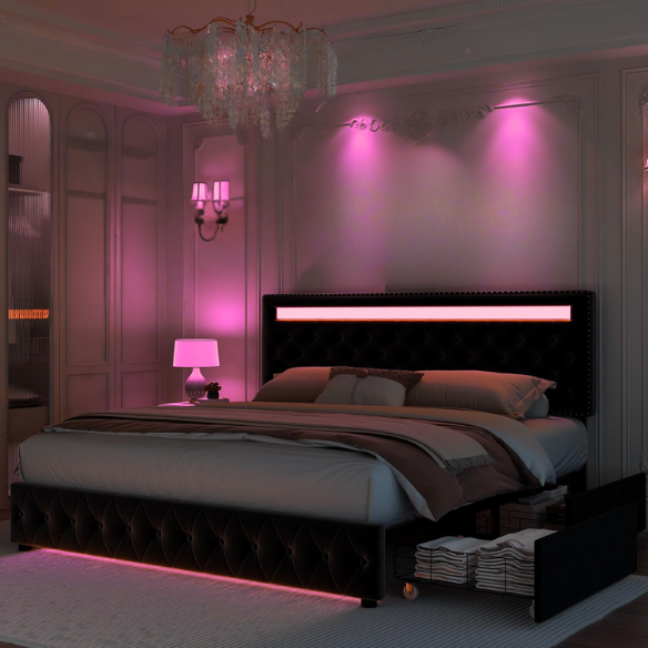 Black velvet full size platform bed with button-tufted adjustable LED headboard, silver nailhead trim, and four underbed storage drawers on casters