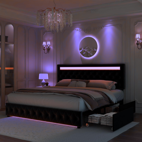 Black velvet full size platform bed with button-tufted adjustable LED headboard, silver nailhead trim, and four underbed storage drawers on casters
