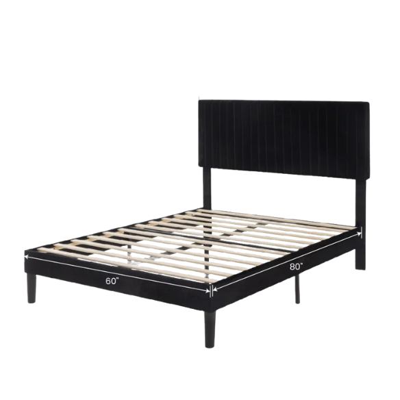 Black velvet upholstered queen bed with tufted wingback headboard and low-profile frame.

