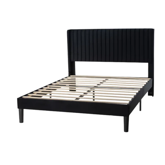 Black velvet queen-size upholstered bed with tufted wingback headboard, 8-inch clearance, and solid wood frame.

