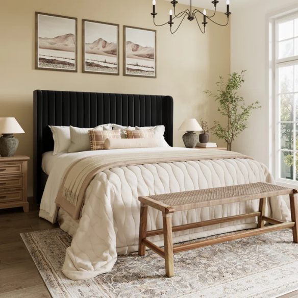 Black velvet queen-size upholstered bed with tufted wingback headboard, 8-inch clearance, and solid wood frame.

