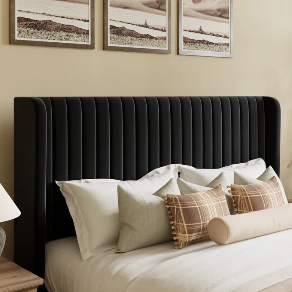 Black velvet queen-size upholstered bed with tufted wingback headboard, 8-inch clearance, and solid wood frame.

