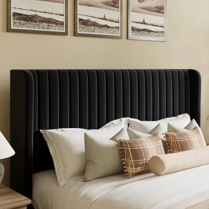 Black velvet queen-size upholstered bed with tufted wingback headboard, 8-inch clearance, and solid wood frame.

