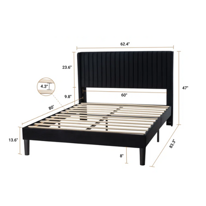 Black velvet queen-size upholstered bed with tufted wingback headboard, 8-inch clearance, and solid wood frame.

