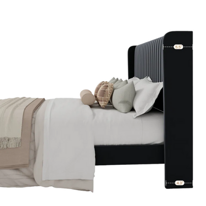 Black velvet queen-size upholstered bed with tufted wingback headboard, 8-inch clearance, and solid wood frame.

